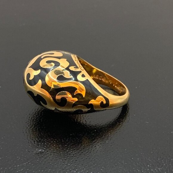 Black Enamel Gold Tone REBECCA Chunky Dome Swirl Pattern Ring Size 6.75 J728 - Picture 3 of 12